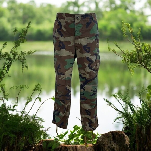 Vintage Military Woodland Camo Cargo Pants Army Combat Y2K Tactical Grunge - Picture 1 of 13